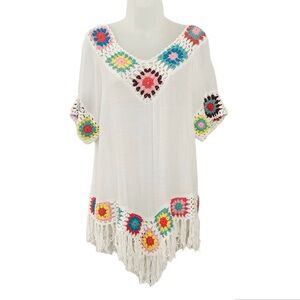 Boho Crochet Fringe Hem Tunic Cover-Up Top